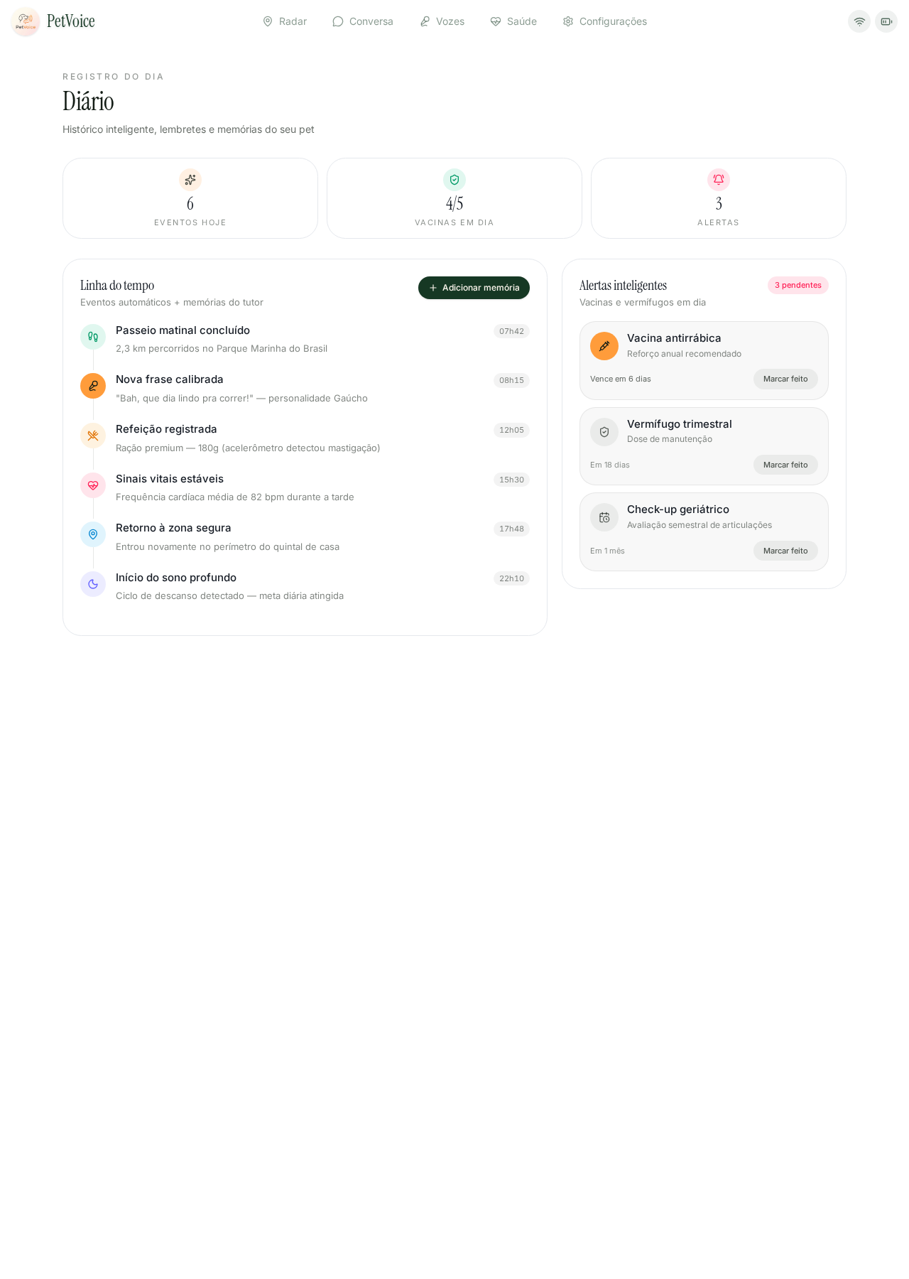 Interface do módulo Diário na plataforma PetVoice