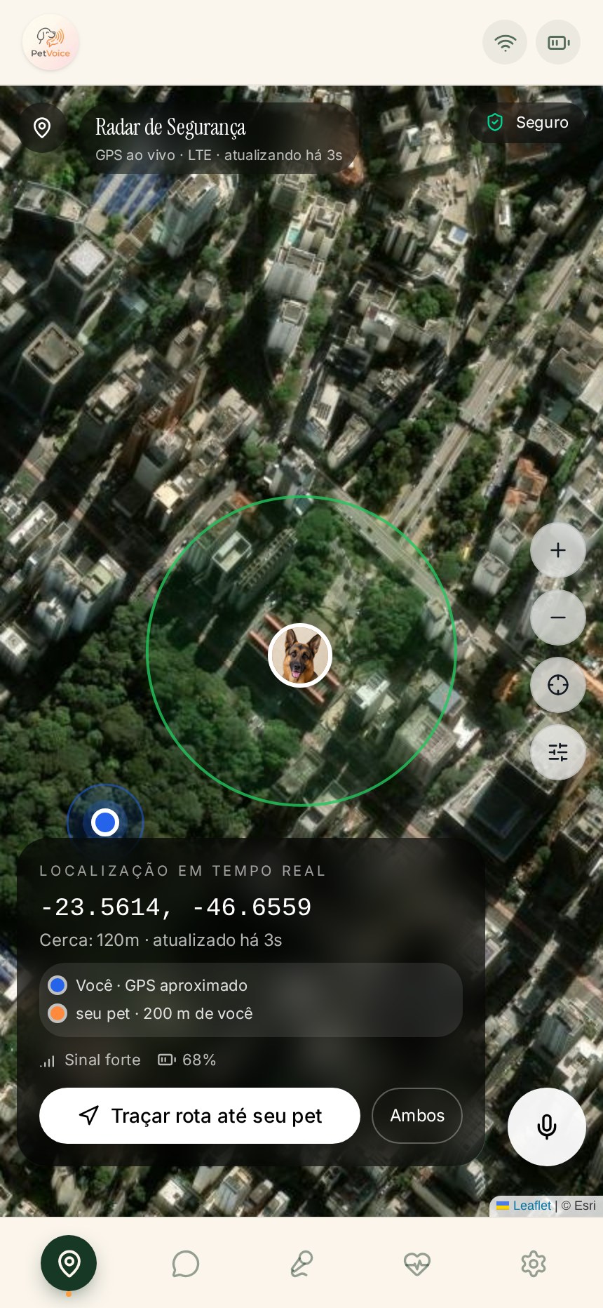 Interface do módulo Radar & Modo Perdido na plataforma PetVoice